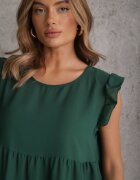 defox Rochie Verde închisă cu mânecă scurtă și volănașe decorative evazată Vetesa