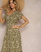 defox Rochie Verde Închisă din Bumbac cu Decolteu Triunghiular și Elastic în Talie cu Nasturi Lavlea