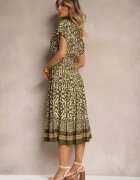 defox Rochie Verde Închisă din Bumbac cu Decolteu Triunghiular și Elastic în Talie cu Nasturi Lavlea