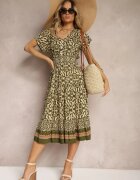 defox Rochie Verde Închisă din Bumbac cu Decolteu Triunghiular și Elastic în Talie cu Nasturi Lavlea