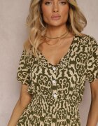 defox Rochie Verde Închisă din Bumbac cu Decolteu Triunghiular și Elastic în Talie cu Nasturi Lavlea
