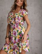 defox Rochie Verde-Roz Cambrată din Bumbac Florală cu volane la umeri cu elastic în talie Nelova
