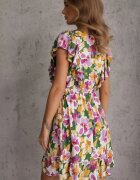 defox Rochie Verde-Roz Cambrată din Bumbac Florală cu volane la umeri cu elastic în talie Nelova