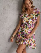 defox Rochie Verde-Roz Cambrată din Bumbac Florală cu volane la umeri cu elastic în talie Nelova