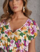 defox Rochie Verde-Roz Cambrată din Bumbac Florală cu volane la umeri cu elastic în talie Nelova