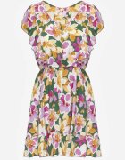 defox Rochie Verde-Roz Cambrată din Bumbac Florală cu volane la umeri cu elastic în talie Nelova