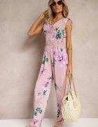 defox Salopetă roz deschis cu elastic la umeri cu imprimeu floral Almora
