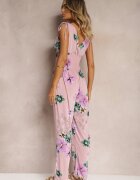 defox Salopetă roz deschis cu elastic la umeri cu imprimeu floral Almora