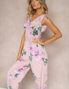 defox Salopetă roz deschis cu elastic la umeri cu imprimeu floral Almora