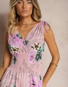 defox Salopetă roz deschis cu elastic la umeri cu imprimeu floral Almora