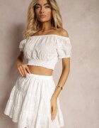 defox Set Alb de Bumbac Ajurat Top Scurt Fustă cu Elastic în Talie Igue