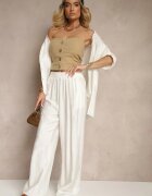 defox Set Alb din vâscoză Pantaloni largi și Cămașă cu mâneci cu bride Tulmoi