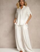 defox Set Alb din vâscoză Pantaloni largi și Cămașă cu mâneci cu bride Tulmoi