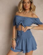 defox Set Albastru cu Relief Decorativ Fustă-Pantaloni scurți și Bluză Carmen Sarilessa