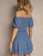 defox Set Albastru cu Relief Decorativ Fustă-Pantaloni scurți și Bluză Carmen Sarilessa