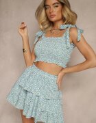 defox Set Albastru deschis Imprimeu Floral Top Legat cu Bretele și Fustă Cloș Nativirae