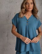 defox Set Albastru din Vâscoză Tricou cu nasturi decorativi și Pantaloni scurți Niterela