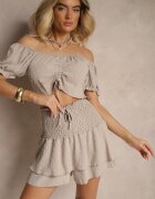 defox Set Bej cu Imprimeu Decorativ Fustă-Pantaloni Scurți și Bluză Spaniolă Sarilessa