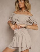 defox Set Bej cu Imprimeu Decorativ Fustă-Pantaloni Scurți și Bluză Spaniolă Sarilessa