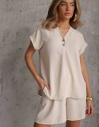 defox Set Bej din Viscoză Tricou cu nasturi decorativi și Pantaloni scurți Niterela