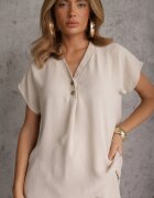 defox Set Bej din Viscoză Tricou cu nasturi decorativi și Pantaloni scurți Niterela
