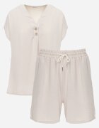 defox Set Bej din Viscoză Tricou cu nasturi decorativi și Pantaloni scurți Niterela