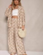 defox Set Bej-Maro din Viscoză Cămașă și Pantaloni cu Imprimeu Ornamental Desanelia