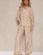 defox Set Bej-Maro din Viscoză Cămașă și Pantaloni cu Imprimeu Ornamental Desanelia
