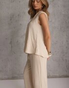 defox Set bogat în vâscoză Bluză fără mâneci cu broderie și pantaloni Allore Bej