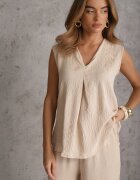defox Set bogat în vâscoză Bluză fără mâneci cu broderie și pantaloni Allore Bej