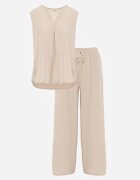 defox Set bogat în vâscoză Bluză fără mâneci cu broderie și pantaloni Allore Bej