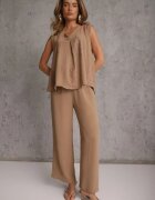 defox Set bogat în vâscoză Bluză fără mâneci cu broderie și pantaloni Allore Bej închis