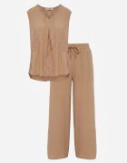 defox Set bogat în vâscoză Bluză fără mâneci cu broderie și pantaloni Allore Bej închis