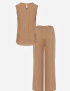 defox Set bogat în vâscoză Bluză fără mâneci cu broderie și pantaloni Allore Bej închis