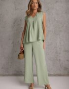 defox Set bogat în vâscoză Bluză fără mâneci cu broderie și pantaloni Allore Verde