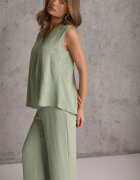 defox Set bogat în vâscoză Bluză fără mâneci cu broderie și pantaloni Allore Verde