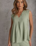 defox Set bogat în vâscoză Bluză fără mâneci cu broderie și pantaloni Allore Verde