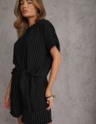 defox Set casual cu conținut ridicat de vâscoză bluză tip cravată și scurt Pellea Negru