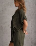 defox Set casual cu conținut ridicat de vâscoză bluză tip cravată și scurt Pellea Verde închis