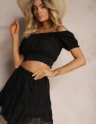 defox Set de bumbac Negru Ajurat Top scurt Fustă cu elastic în talie Igue