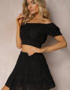 defox Set de bumbac Negru Ajurat Top scurt Fustă cu elastic în talie Igue