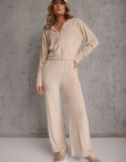 defox Set de trening bej din tricot de velur pantaloni largi și bluză scurtă Avilti