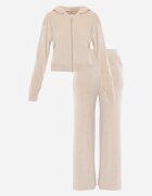 defox Set de trening bej din tricot de velur pantaloni largi și bluză scurtă Avilti