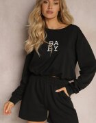 defox Set de trening Negru din 2 piese Bluză mai scurtă și Pantaloni scurți largi Frania