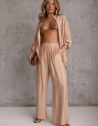 defox Set din viscoză bej cu croială lejeră cu cămașă și pantaloni Sesorilia