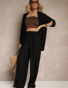 defox Set din viscoză negru Pantaloni Largi și Cămașă cu Mâneci Suflecate Tulmoi