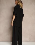 defox Set din viscoză negru Pantaloni Largi și Cămașă cu Mâneci Suflecate Tulmoi