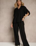 defox Set din viscoză negru Pantaloni Largi și Cămașă cu Mâneci Suflecate Tulmoi