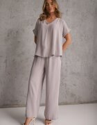 defox Set Gri deschis Bluză și Pantaloni Largi din Viscoză și Buzunare Efraria