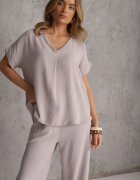 defox Set Gri deschis Bluză și Pantaloni Largi din Viscoză și Buzunare Efraria